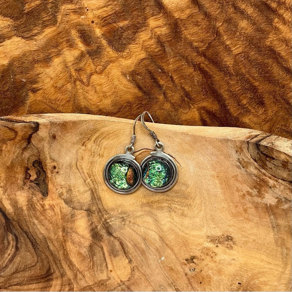Vintage 925 Silver Swirl Earrings w/Diochroic glass stone pierced French Hooks - Picture 1 of 4